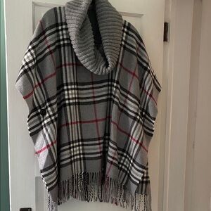 Gray Plaid Women's Poncho with Cowl Neck